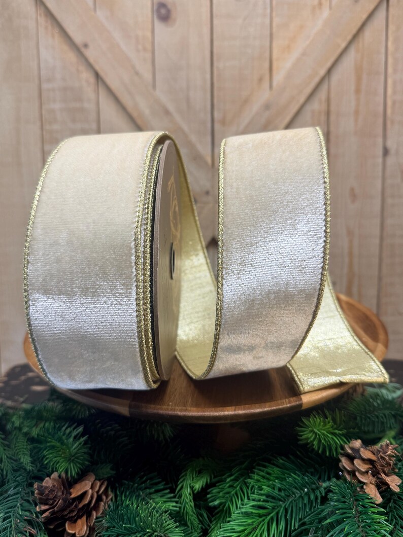 Cream Lush Velvet with Gold Back Wired Ribbon, 10 Yards by 2.5 Inch, Designer Ribbon, D Stevens, 07-1474 image 4
