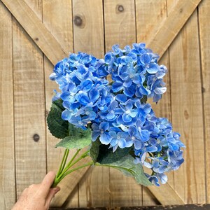 May include: A bouquet of vibrant blue hydrangea flowers with green leaves. The flowers are in full bloom, showcasing their delicate petals. The stems are held in a hand, set against a wooden background.