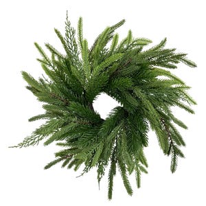 May include: A circular, artificial evergreen wreath with a dense arrangement of green needles. The wreath is designed to be used as a decorative item, with a naturalistic appearance. The wreath is suitable for seasonal or year-round display.