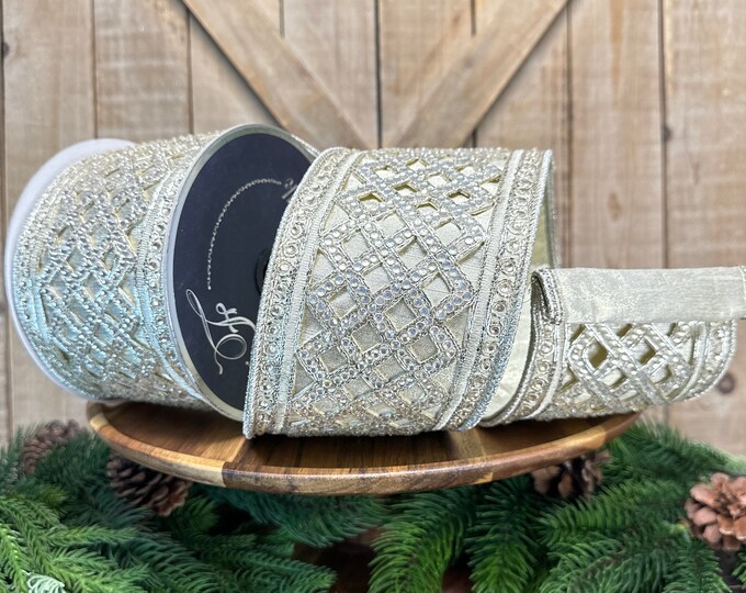 4 Inch Ribbon 5 Yards, Farrisilk Platinum Jewel Lattice Wired Ribbon, 4 Inch Ribbon ...