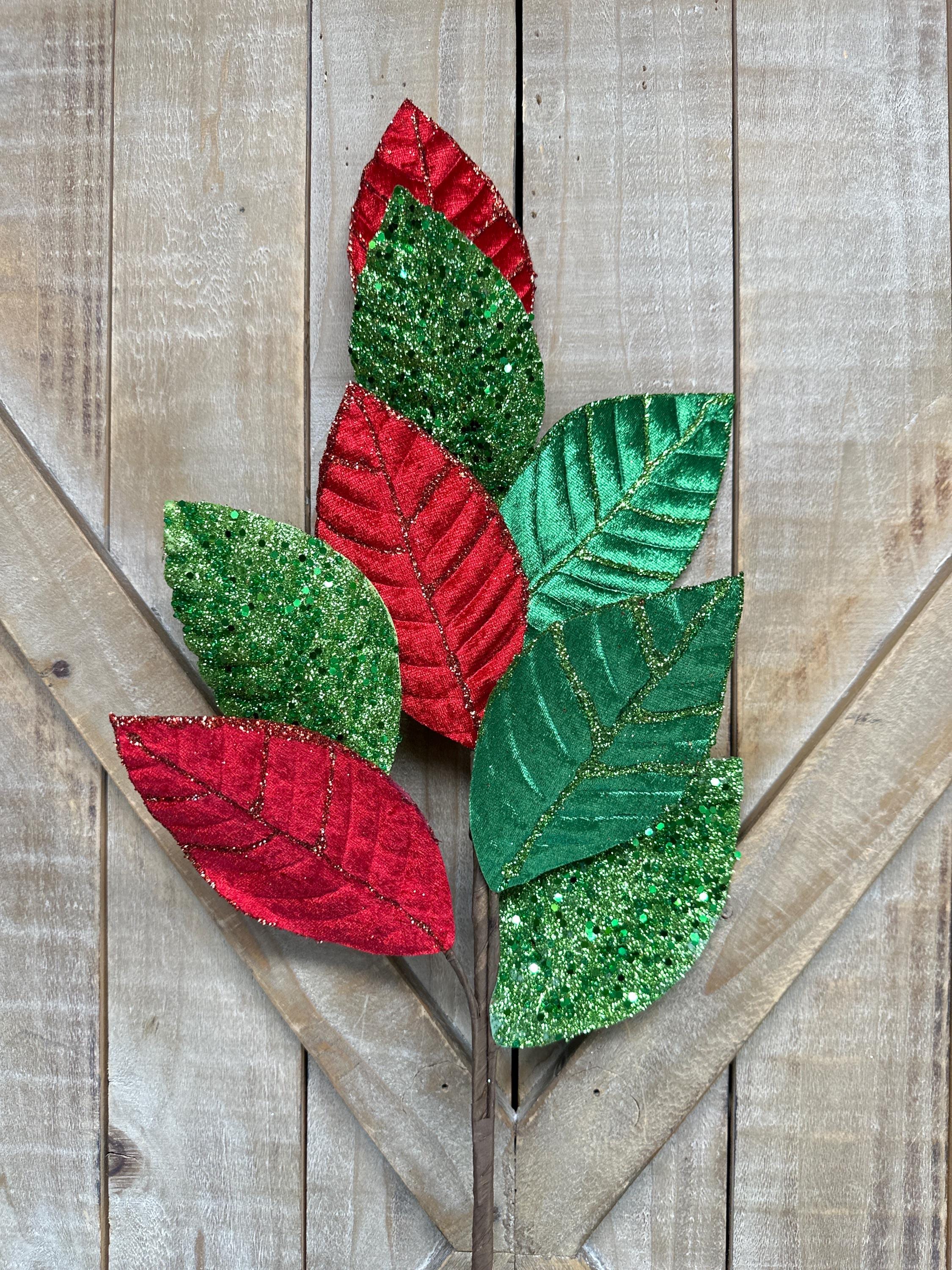 Red and Green Velvet Glitter Leaf Spray, Christmas Decor, Wreath Decor, Tree Decoration, Party Supply, Wreath Attachment