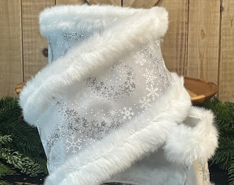 5 Yards, 4 Inch, White Fur Edge with Glitter Snowflake Swirl Wired Ribbon, Quality Ribbon