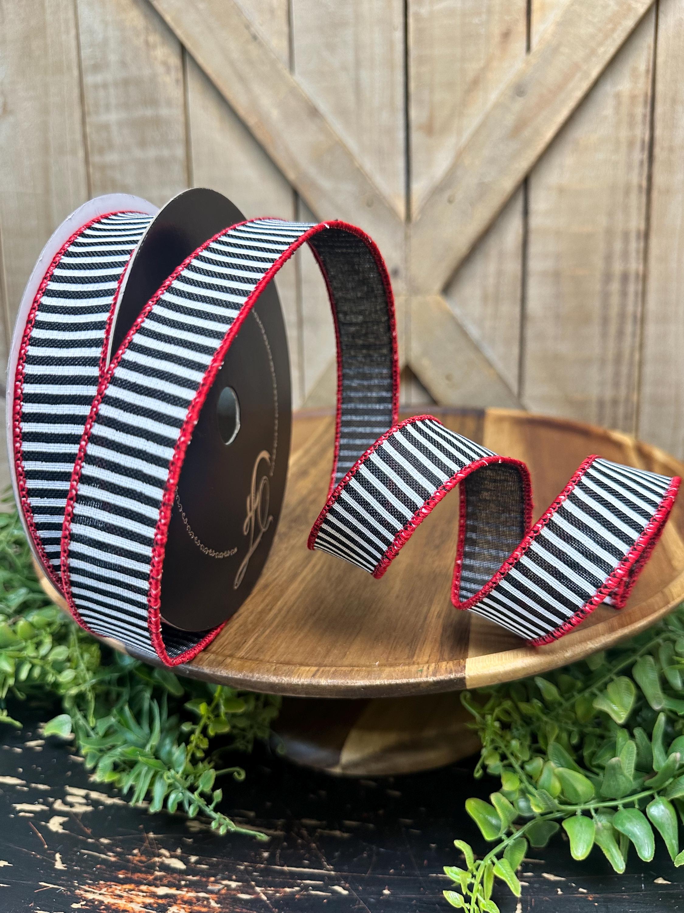 Wide Coasta Ribbon Coastal Stripes Black and White Wired Ribbon, Red Trim, 10 Yards, 1 ...