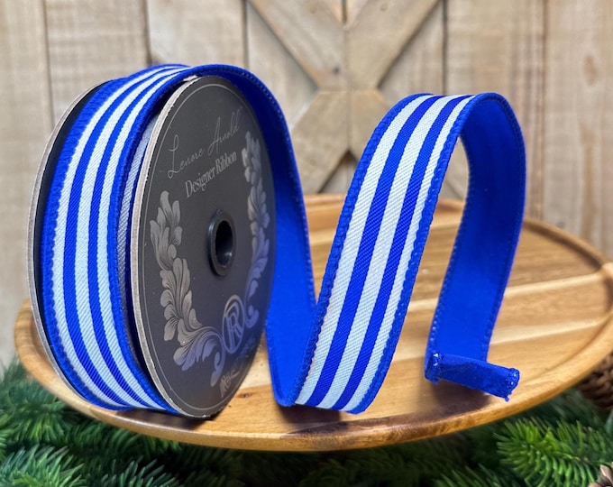 10 Yards, 1 Inch, Blue and White Stripe Deluxe Wired Edge Ribbon ...