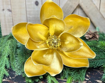 Gold Metallic Magnolia Pick, 13 Inch Tall with Stem, Christmas Decor, Tree Decoration, Wreath Supply