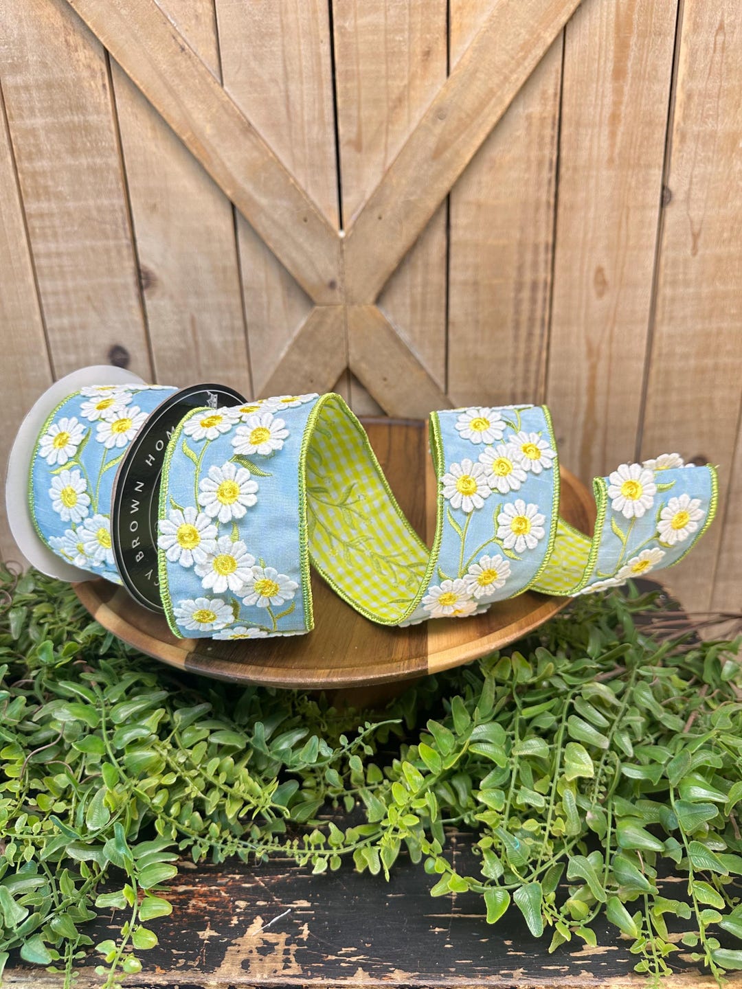 Whimsy Ribbon Blue Blue With White Daisies and Green Gingham Double Sided Wired Ribbon, 5 ...