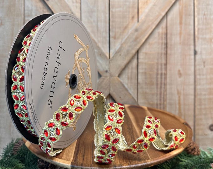 1 Inch, Metallic Dupion Red Jewel Trim With Gold Back Wired Ribbon, 10 ...