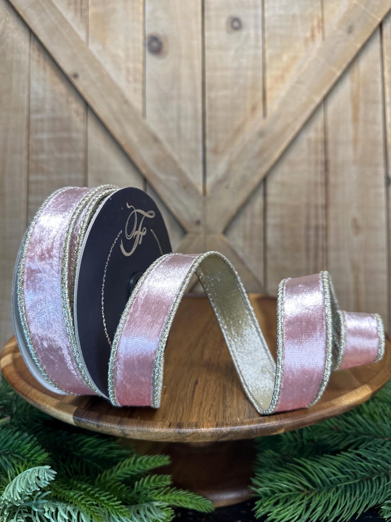 1 Inch, Pink Satin Velvet, With A Gold Luster Back and Gold Trim, Wired ...