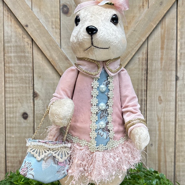 Large Elegant Dressed Mrs. Bunny Holding Purse, 20 Inches High, Wreath Attachment, Easter Home Decor