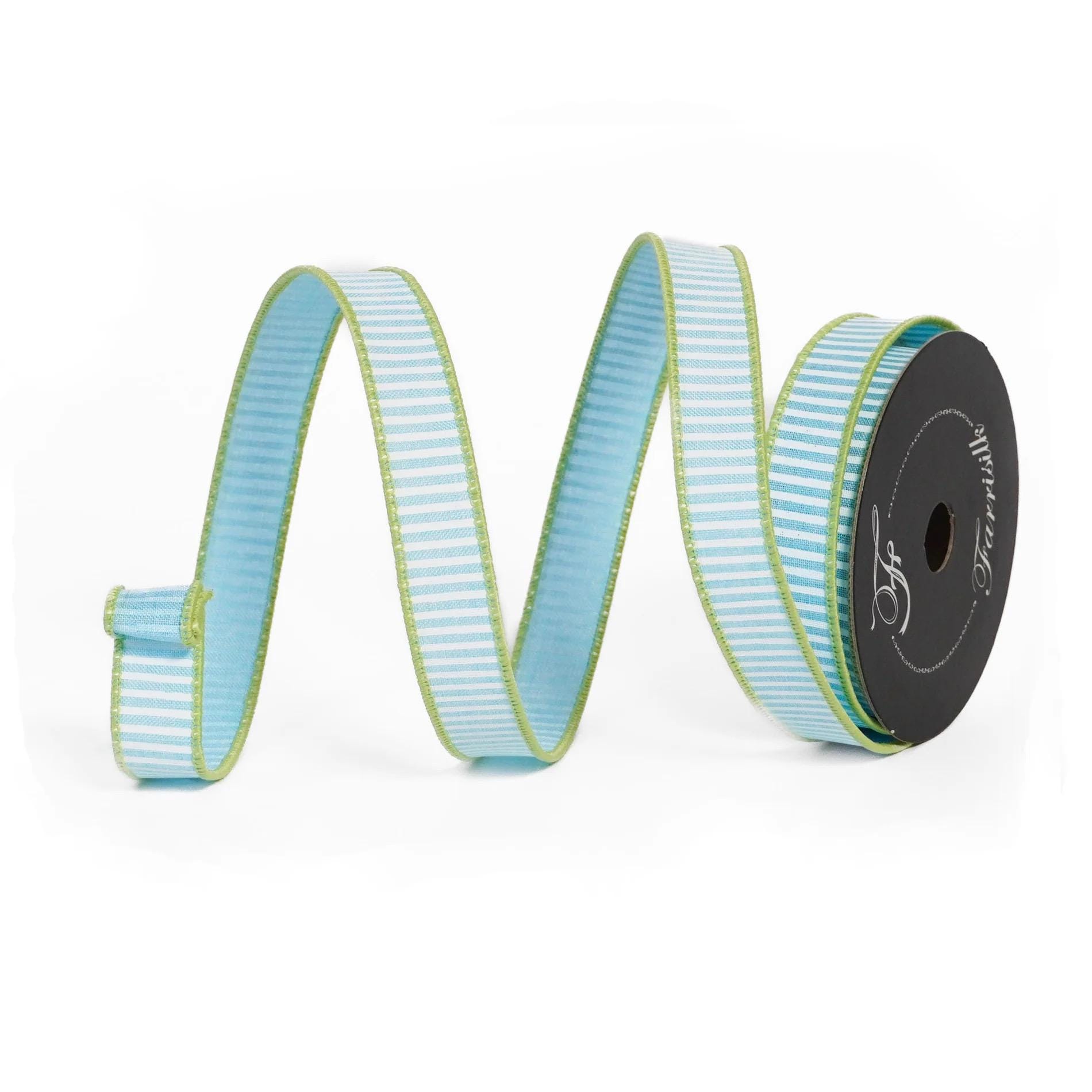 Wide Coasta Ribbon Coastal Stripes Light Blue and White Wired Ribbon, Green Trim, 10 Yards ...