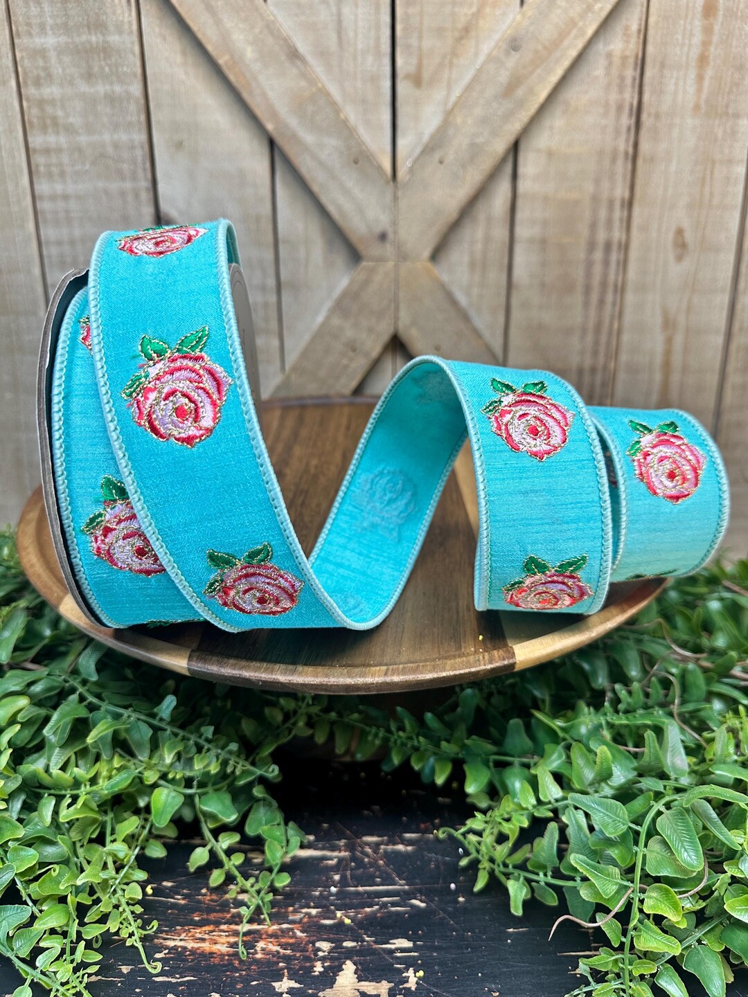1.5 Inch, Embroidery Roses, Turquoise, Wired Ribbon, Designer Ribbon ...