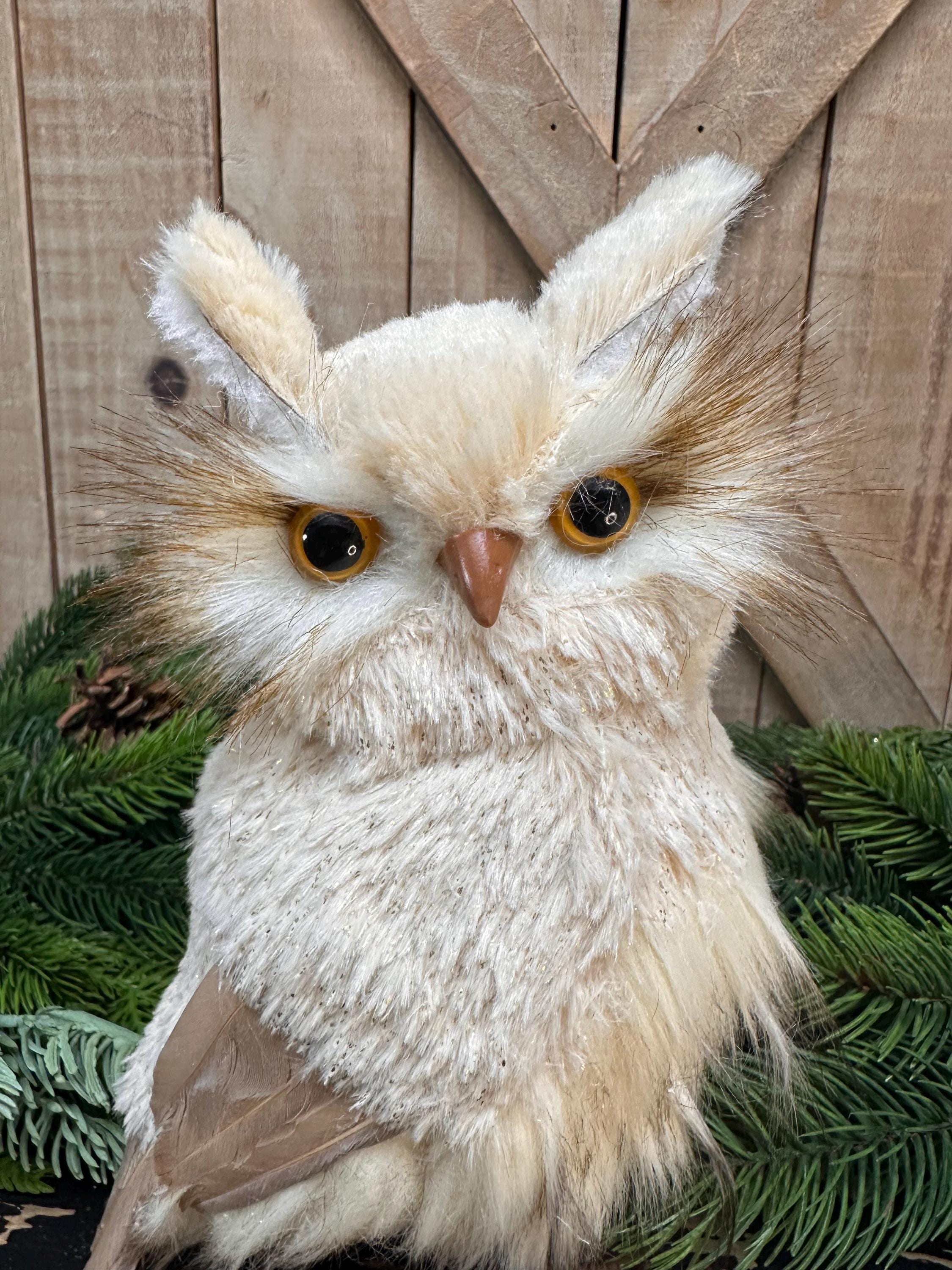 9 Inch Natural Snow Feather Owl, Wreath Attachment, Christmas Tree decor, Winter Decor, With Gold Sp