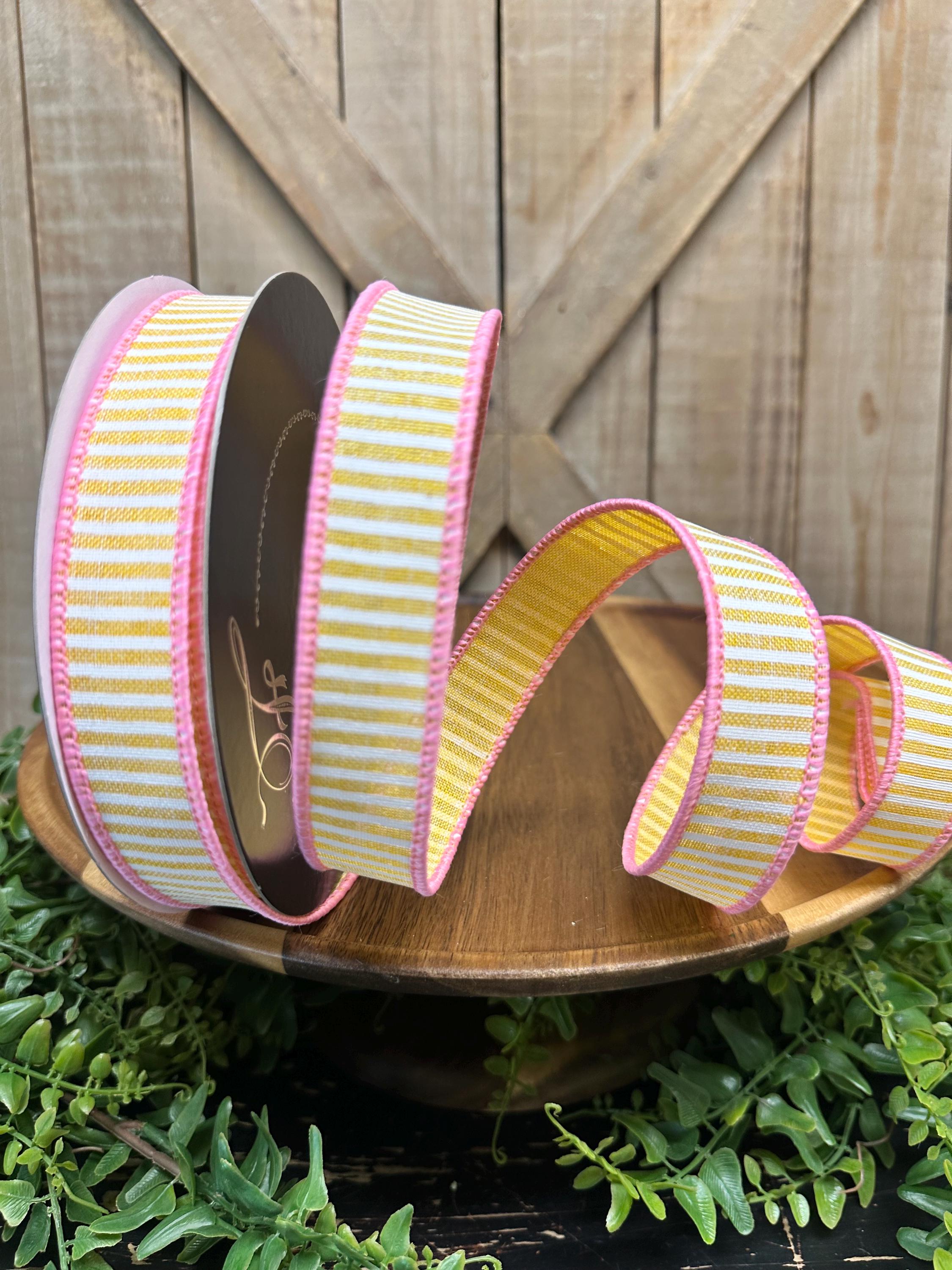 Wide Coasta Ribbon Coastal Stripes Yellow and White Wired Ribbon, Pink Trim, 10 Yards, 1 ...