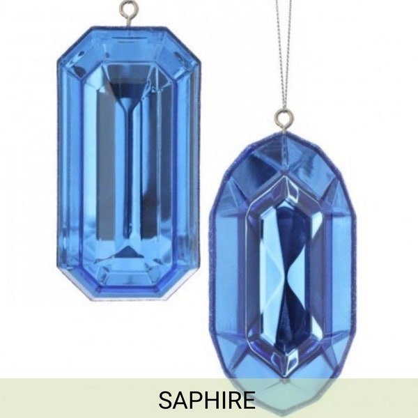 Set of 2, Blue Sapphire Emerald Cut Ornaments, 5 Inch, Oblong and Rectangle Shape, Gem Ornaments, Jewel, Wreath Attachment, Tree decor