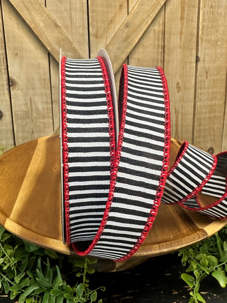 Wide Coasta Ribbon Coastal Stripes Black and White Wired Ribbon, Red Trim, 10 Yards, 1 ...