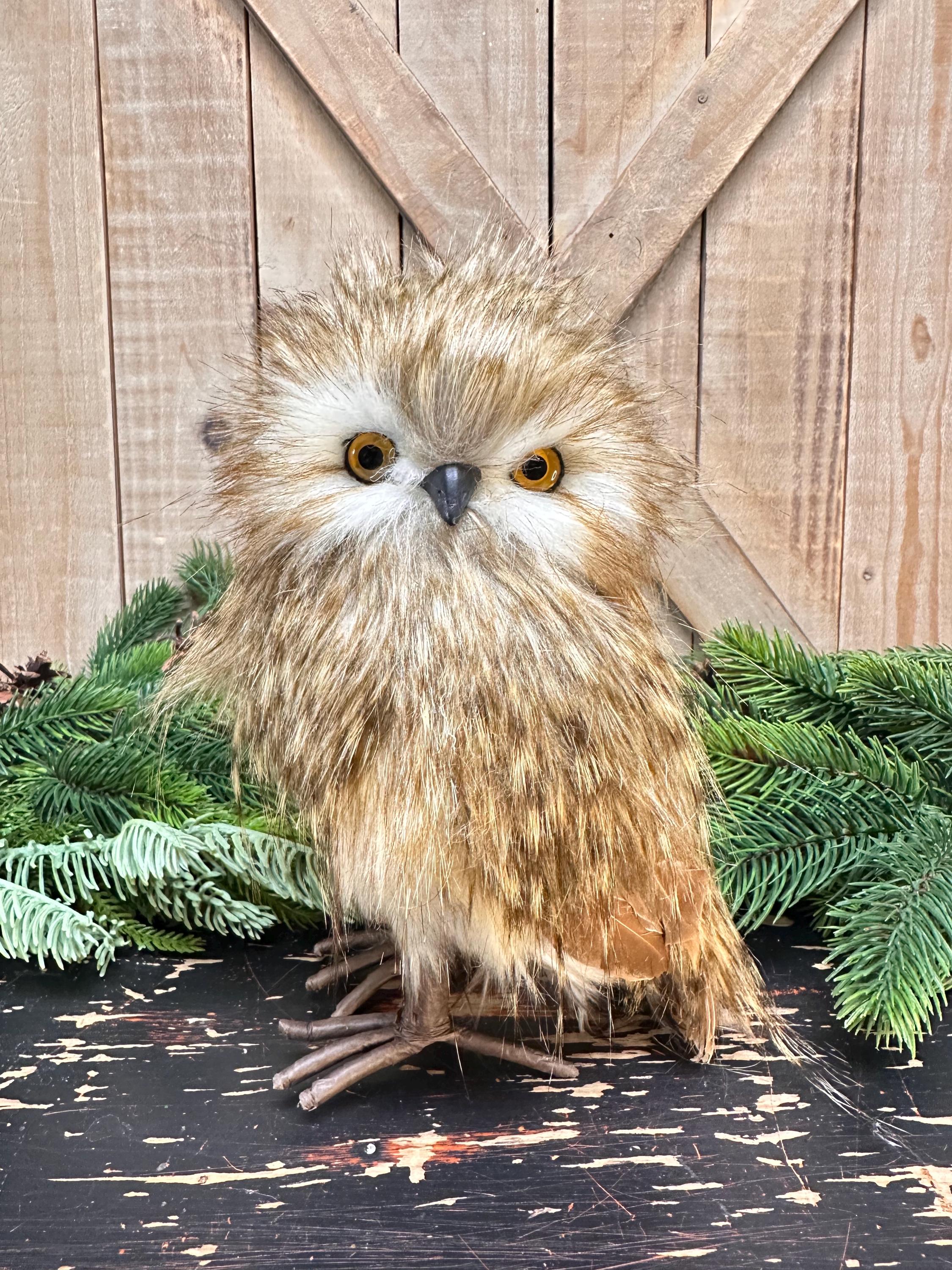 9 Inch Speckled Feather Owl, Wreath Attachment, Christmas Tree decor, Winter Decor