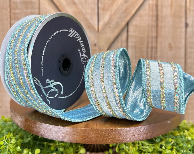 5 Yards, Premium Quality Wired Ribbon - Iridescent Gem Stones Light ...