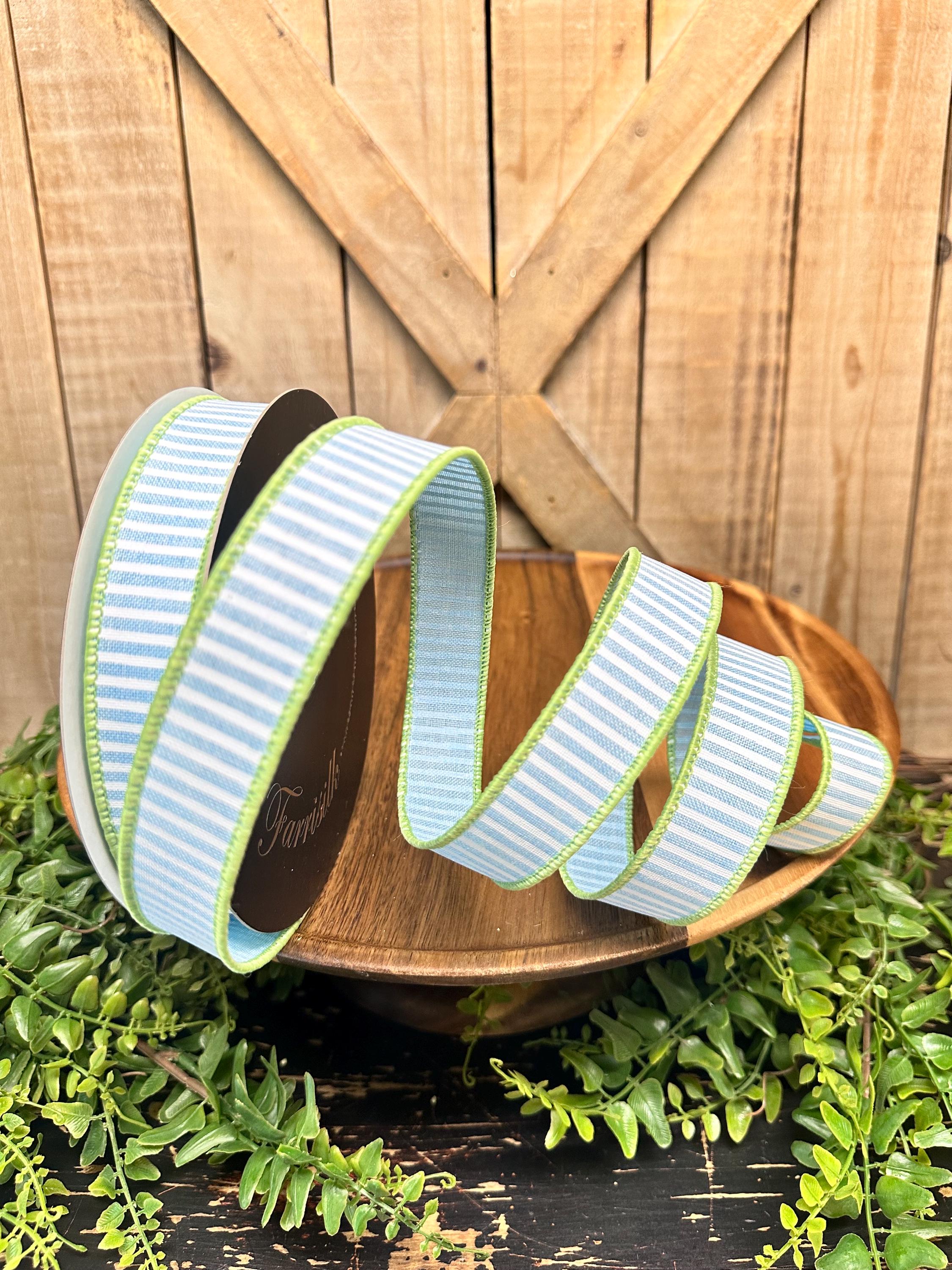 Wide Coasta Ribbon Coastal Stripes Light Blue and White Wired Ribbon, Green Trim, 10 Yards ...