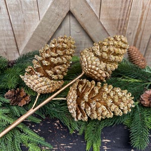 May include: Gold glittered pinecone branch with three large pinecones. The pinecones are arranged on a bed of green pine needles and small pinecones. The background is a wooden barn door.