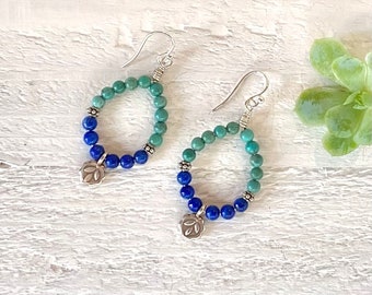 Turquoise and Lapis Teardrop Hoop Earrings with Hill Tribe Silver Lotus Charms gift for her gemstone jewelry