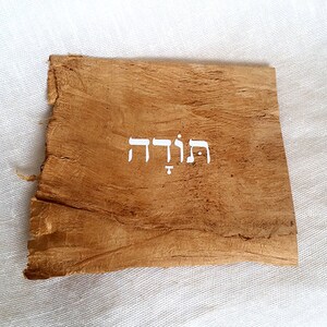 K&ouml;nnte beinhalten: Ein St&uuml;ck Holz mit dem hebr&auml;ischen Wort "תודה" (Danke) in wei&szlig;er Farbe.