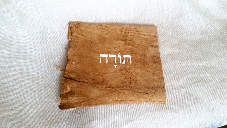 K&ouml;nnte beinhalten: Ein St&uuml;ck Holz mit dem hebr&auml;ischen Wort "תודה" (Danke) in wei&szlig;er Farbe.