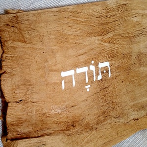 K&ouml;nnte beinhalten: Ein St&uuml;ck braunes Pergament mit dem hebr&auml;ischen Wort "הוֹדָּה" in wei&szlig;er Farbe geschrieben.