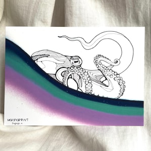 Impresión artística de postal A6 de pulpo: miniobra de arte de animales marinos. Impresión individual de la ilustración original del artista.