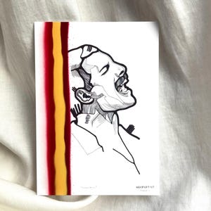 Freddie Mercury A6 Postkarte Kunstdruck – Rockmusik Ikone Mini Kunstwerk – Handgezeichnete Porträt-Illustration – Queen Band Tintendruck