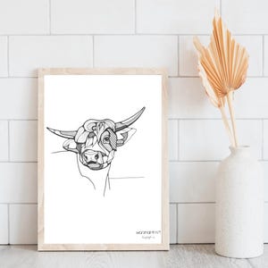 Highland Cow Wall Art - ORIGINAL line drawing of cow - Farm Animal Lover Gift - Detailed Cow Art Illustration