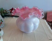 Fenton Cased Pink Silver Crest 5.5 quot rose bowl Crimped ruffled petticoat art glass Beautiful milk glass over pink melon vase. Crystal edge.
