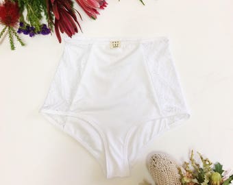 High Waist Lace Bikini Bottoms \ White \ Sustainable \ Recycled Nylon