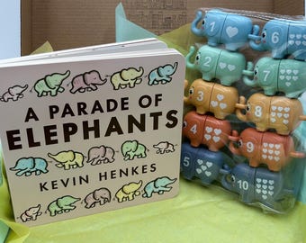 A Parade of Elephants Board Book Box with number matching elephants