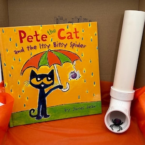 Pete the Cat and the Itsy Bitsy Spider book box with spider and drainpipe