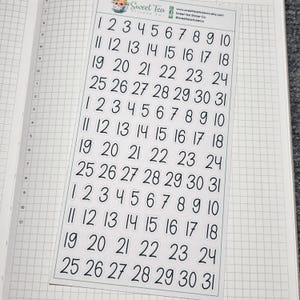 May include: A sheet of white stickers with black numbers from 1 to 31, arranged in rows. The stickers are for a planner or calendar. The top of the sheet has the text "Sweet Tea Sticker Co."