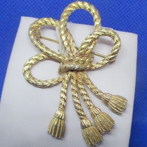 Vintage Monet Bow Brooch Monet Bow Rope Tassel Brooch Monet Gold Tone Textured Metal  Ribbon Bow Rope Tassel Designer Brooch 2 Available