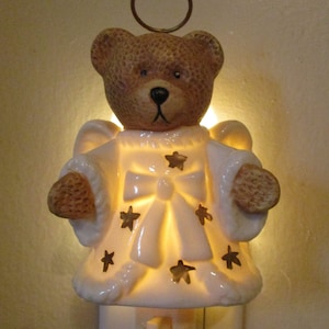 Vintage Porcelain Teddy Bear Angel Nightlight - 1980s Decor