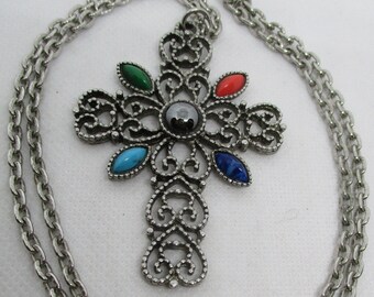 Vintage AVON Filigree Cross Necklace: Silvertone Cabochon Pendant