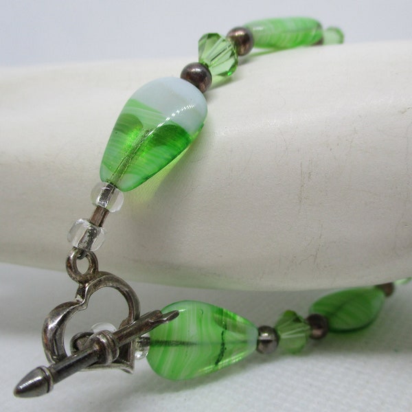 Green VENETIAN Glass Green CRYSTAL Silver Tone Metal Beaded Bracelet Heart Arrow Toggle Clasp Venetian Glass Crystal Beaded Bracelet