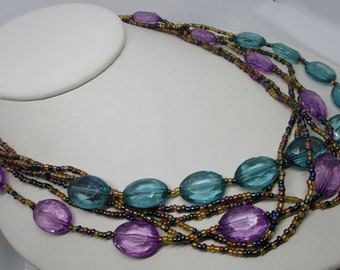 Glasperlen-Halskette 6 Strang Oval Facettierte Perlen Glasrocailles Perlen Lavendel Türkis Goldton MULTI STRAND Perlen HALSKETTE