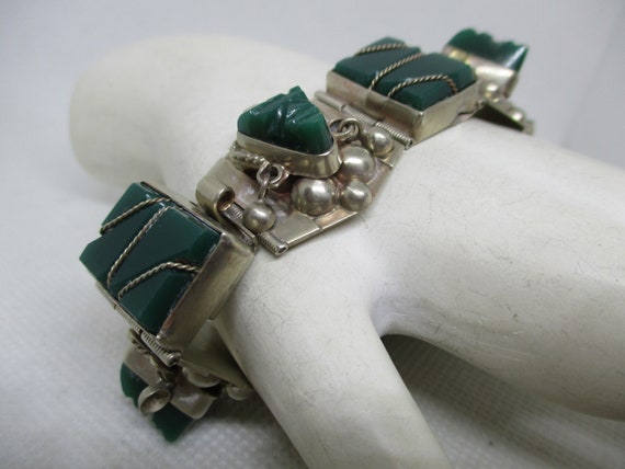 アクセサリー vintage Mexican Jewelry bracelet MEXICAN SILVER Green Onyx Tribal Masks Bracelet Gemstone