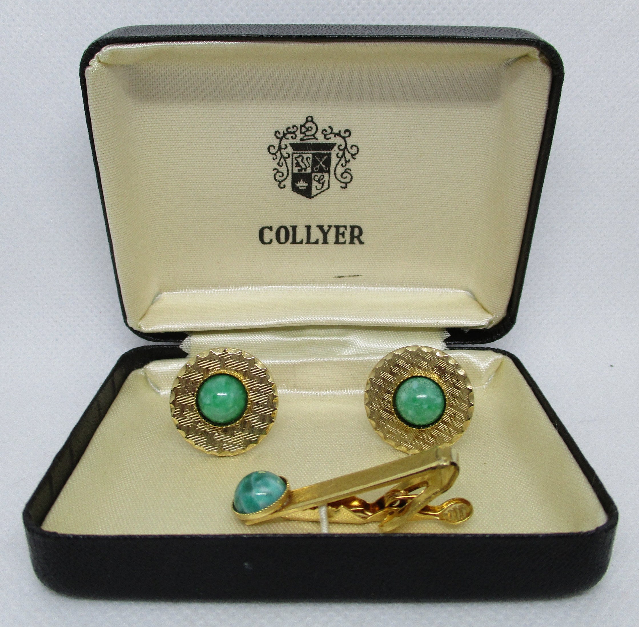 Boutons De Manchette Et épingle à Cravate Vintage En Jade Véritable Et Maille Or - Occasion