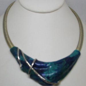 Vintage 1970s Enamel Bib Necklace: Blue Green Swirl Cobra Design