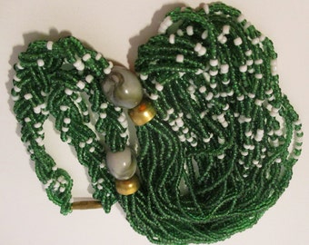 24 & 3/4" LONG 14 STRAND NECKLACE Braided Glass Seed Bead Necklace Green White Swirl Gray White Lucite Bead Brass Screw Clasp