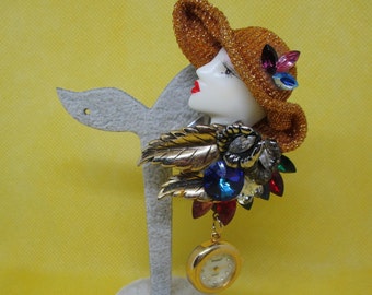 Vintage Bonetto Watch Brooch: Rhinestone Rivoli, Gold Tone Flowers
