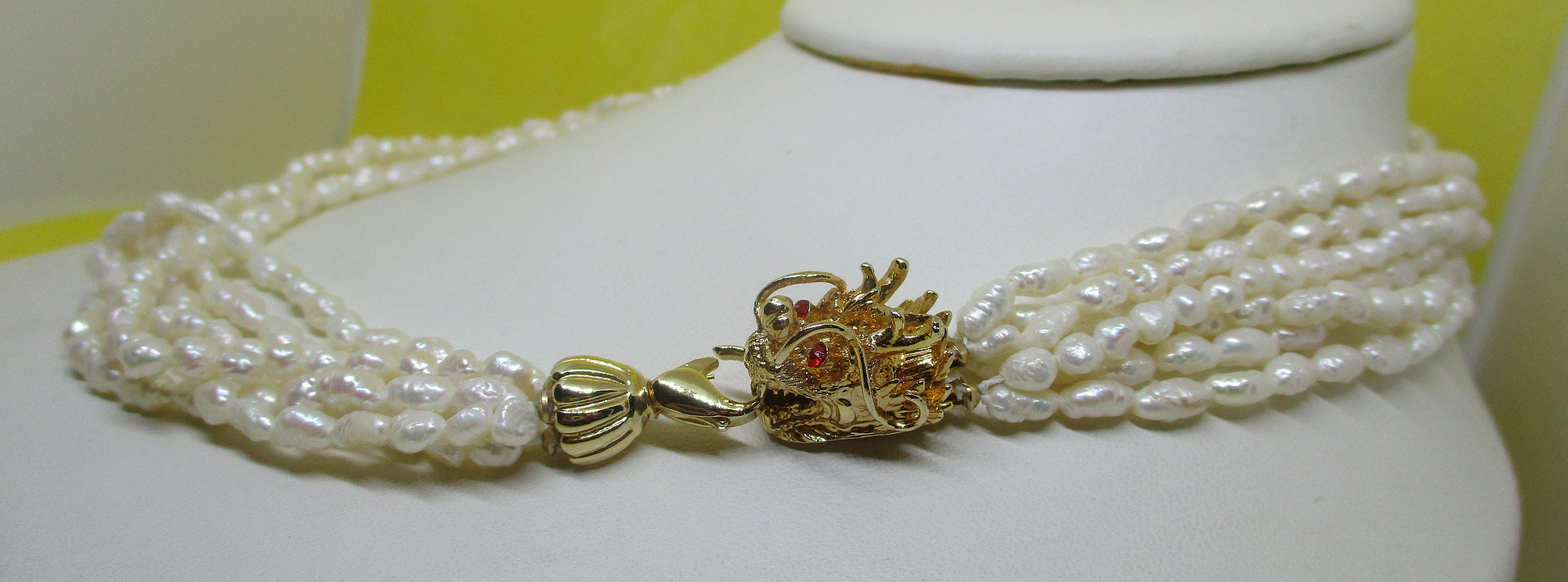 White Rice Pearl & Black Onyx Torsade Necklace 3 Multi