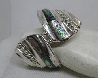 Pulsera tipo brazalete vintage mexicana de plata con incrustaciones de abulón (no es plata de ley .925).