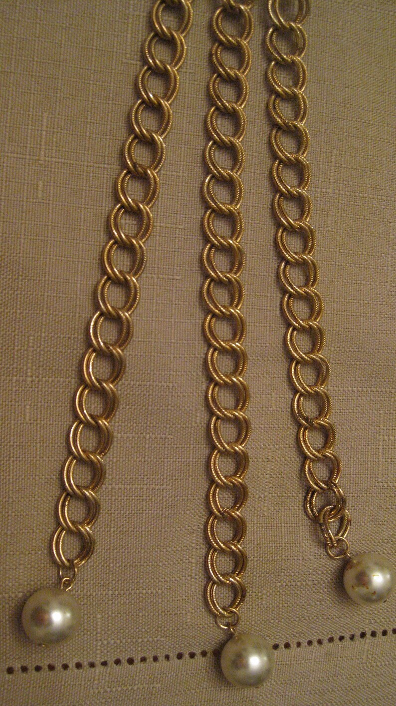 SIGNED PARK LANE Triple Large Chain Links Cascade Dangle Bib Pendant Faux Pearl Chain Link Necklace Beaded Necklace Vintage 1970/'s