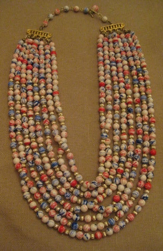 MULTI LAYERS RED GLASS SEED BEAD GOLD TONE /& LUCITE BEAD NECKLACE EARRING