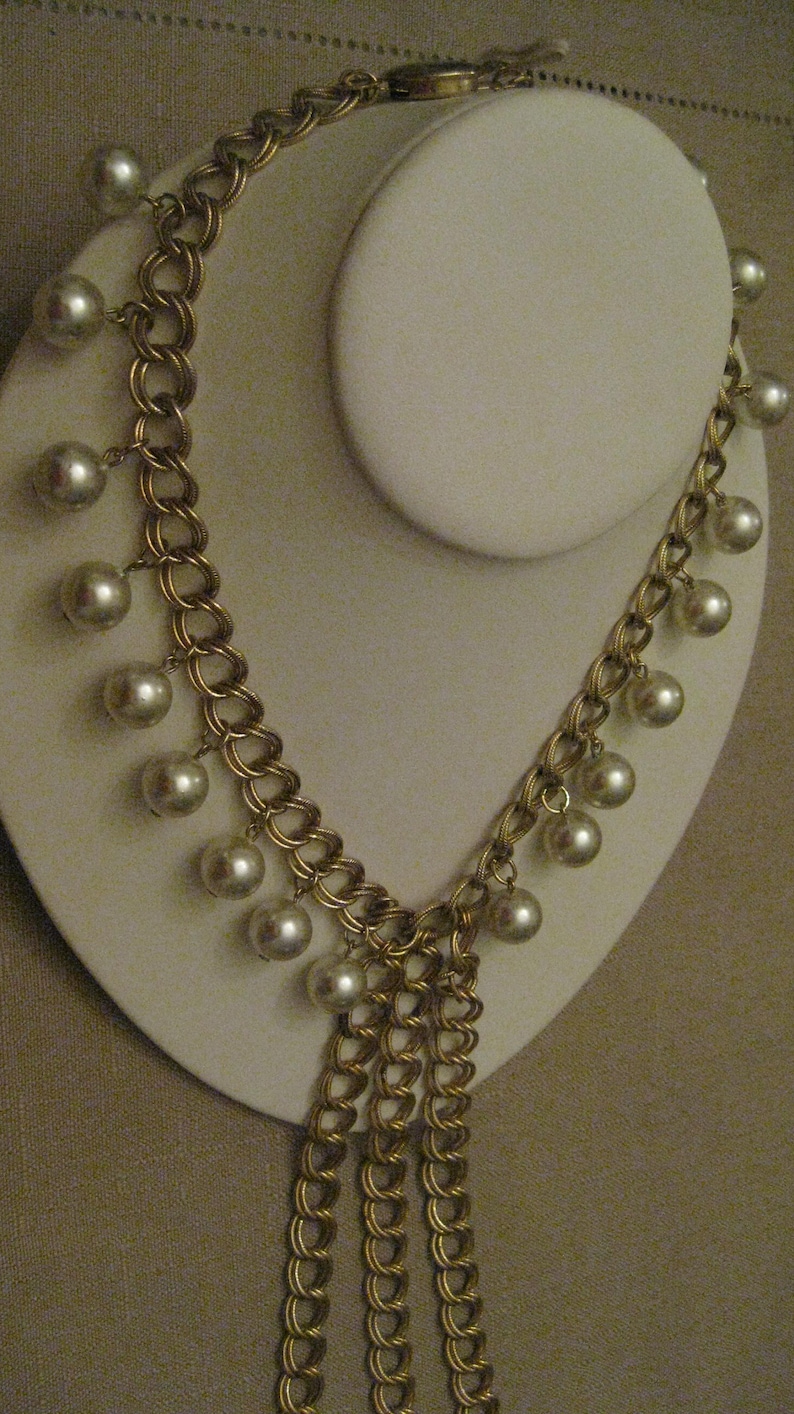 SIGNED PARK LANE Triple Large Chain Links Cascade Dangle Bib Pendant Faux Pearl Chain Link Necklace Beaded Necklace Vintage 1970/'s